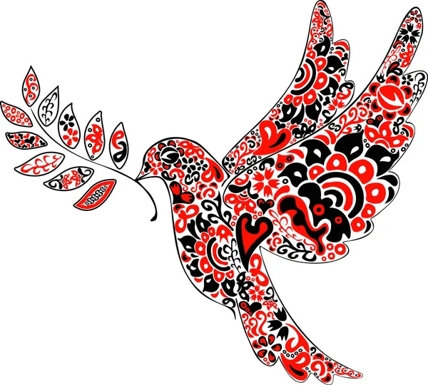 Folk Art Illustration Dove Peace Sign Red Black Colors Ethnical — Stockvektor