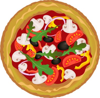 Realistic pizza with onion, tomato, olive, arugula, champignons isolated drawing in flat style on a transparent background
