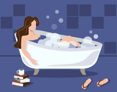 Banyosunda köpük ve köpüklerle rahatlayan genç bir kadının kişisel bakım çizimi.