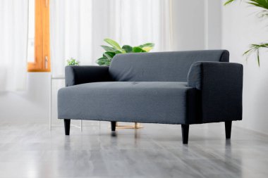 Modern dairenin iç dekorasyonu ve modaya uygun mobilyalar, minimalist oturma odasında kanepe, beyaz odada bir kanepe var. Minimum iç tasarım fikirleri ve parlak oda tasarımı.