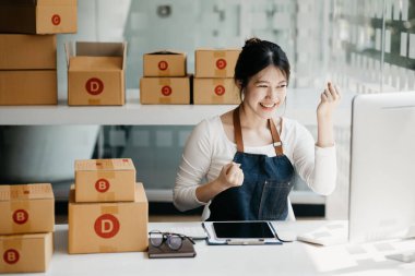Güzel bir Asyalı işletme sahibi online bir dükkan açıyor, müşterilerin siparişlerini kontrol ediyor, bir kurye şirketi aracılığıyla mal gönderiyor, bir kadının online iş kurma kavramı.