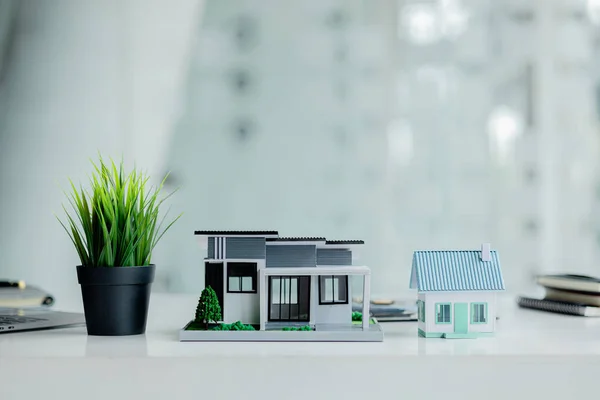 Two Small Housing Models Placed Table Housing Project Office Model — Stock Photo, Image