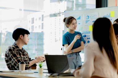 Meeting rooms where people are giving presentations, they are having a brainstorming meeting, planning meetings to manage the company's growth and profit. Management concept from the new generation.