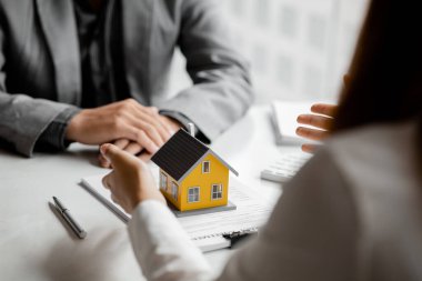 Emlakçılar, konut modellerini müşterilere ayrıntılı bir şekilde anlatma, evler ve satın alma kredileri hakkında bilgi verme ve sunma konularında açıklar. Gayrimenkul ticareti.