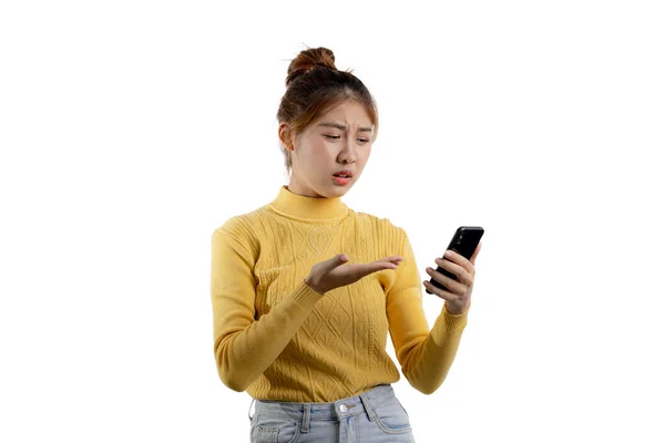 Portrait Beautiful Asian Woman Yellow Shirt Playing Smartphone Portrait Concept — Photo