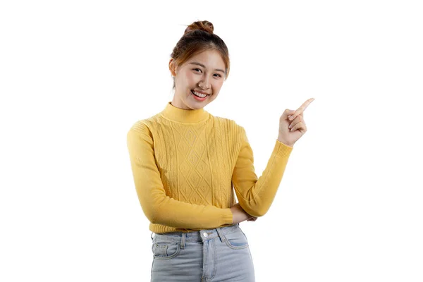 Portrait Beautiful Asian Woman Yellow Shirt Standing Pointing Portrait Concept — Stock fotografie