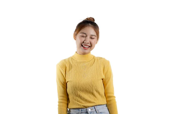 Portrait Beautiful Asian Woman Yellow Shirt Standing Smiling Happily Portrait — Stock Photo, Image