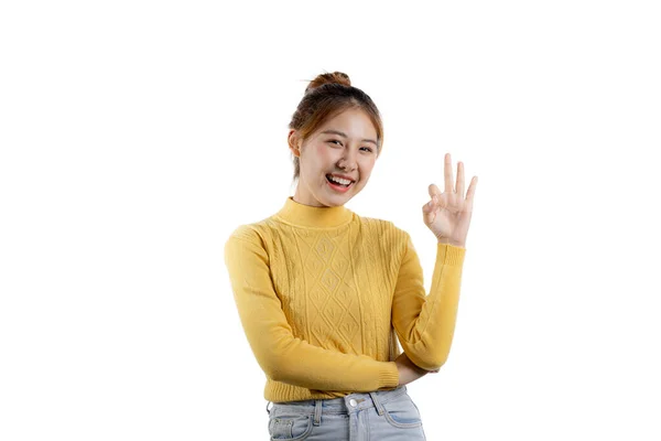 Portrait Beautiful Asian Woman Yellow Shirt Standing Poses Hand Sign — Stock Photo, Image