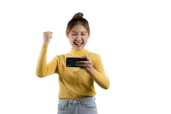 Portrait Beautiful Asian Woman Yellow Shirt Playing Smartphone Portrait Concept — Photo