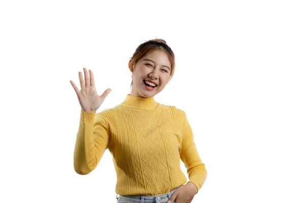 Portrait Beautiful Asian Woman Yellow Shirt Standing Her Hands Joy — Stockfoto