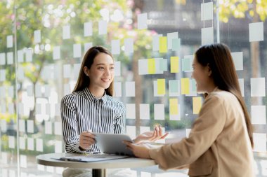 Bilgisayarlarındaki bilgilere bakan iki kadın, beyin fırtınası ve uygulama planlarını tartışan iki iş kadını, bir girişim kurmak için ortaklık kuruyorlar. Girişim şirketinin yönetim kavramı.