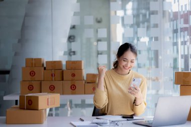 Güzel bir Asyalı işletme sahibi online bir dükkan açıyor, müşterilerin siparişlerini kontrol ediyor, bir kurye şirketi aracılığıyla mal gönderiyor, bir kadının online iş kurma kavramı.