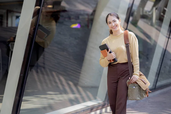 Asian Woman Walking Book Bag University Attend Class Female Undergraduate — стокове фото