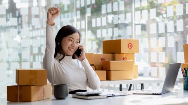 Asyalı bir kadın siparişi doğrulamak için bir müşteriyle telefonda konuşuyor, bir online mağazası var, özel bir nakliye şirketi aracılığıyla paketleyip gönderiyor. Çevrimiçi satış ve online alışveriş kavramları.