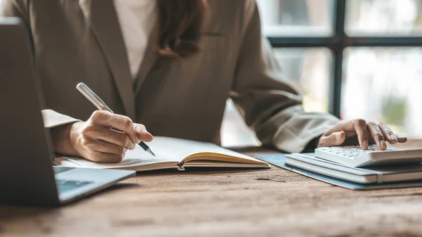 Businessman Takes Notes Notebook Owns Startup Company Sits His Office — Stock fotografie