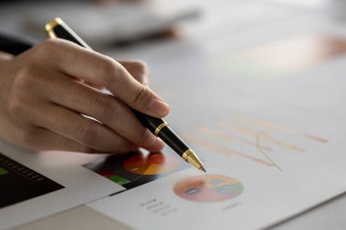 A business finance woman is reviewing a company's financial documents prepared by the Finance Department for a meeting with business partners. Concept of validating the accuracy of financial numbers.