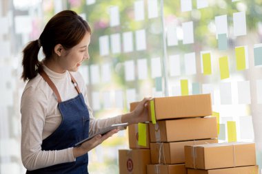 Bir çevrimiçi mağazanın sahibi, paketlenmiş ürünlerin siparişlerini web sitesinden sipariş edildiği gibi müşterilere teslimata hazırlamak için kontrol etmektedir. Çevrimiçi satış ve online alışveriş kavramları.