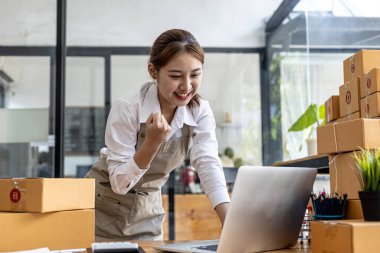 A beautiful Asian business owner opens an online store, she is checking orders from customers via laptop, sending goods through a courier company, concept of a woman opening an online business.