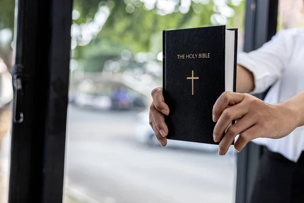 Person Holding Bible Book Praying Bible Reading Studying Bible Concept — Stock Photo, Image