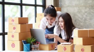 İki güzel Asyalı kadın dizüstü bilgisayarlarındaki satışlara bakıyor ve neşe saçıyorlar. Online bir mağazaları var. Özel bir nakliye şirketi aracılığıyla müşterilere paket yapıp gönderiyorlar. Çevrimiçi satış kavramı.