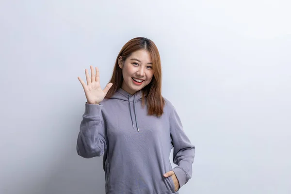 Portrait Beautiful Asian Woman Doing Cheerful Pose Isolated Background Portrait — Stock Photo, Image
