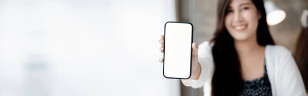 Asian Woman Holding White Blank Screen Phone Standing Forward Smartphone — Stockfoto