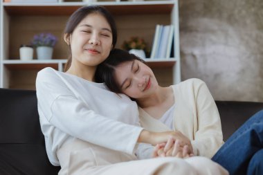 Eşcinsel ilişkisi olan iki güzel Asyalı kadın, eşcinsel, eşcinsel bir çift, LGBTQ 'da cinsel bağımsızlığı ve gururu savunuyorlar. Lgbt ve aşk ilişkisi. LGBT topluluğunu destekleyenler.