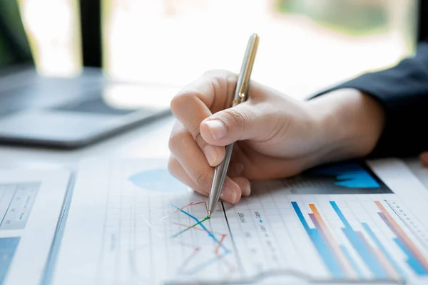 Close View Businessman Holding Pen Pointing Bar Chart Company Financial — Stock Fotó