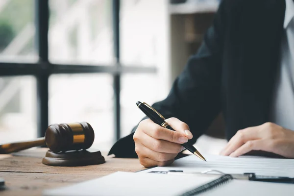 Lawyer Sits His Office Table Small Hammer Beat Judges Desk — Fotografia de Stock