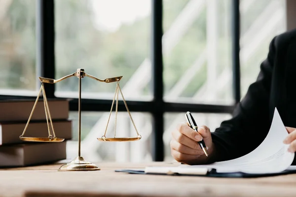 Lawyer Sits His Office Table Small Hammer Beat Judges Desk — Photo