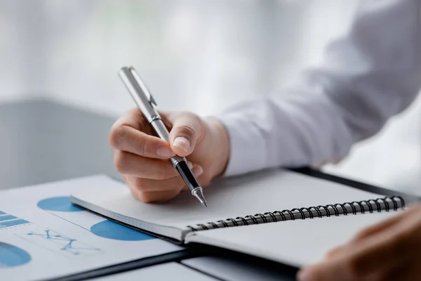 Businesswoman Taking Notes Notebook She Checks Company Financial Documents She — Foto de Stock