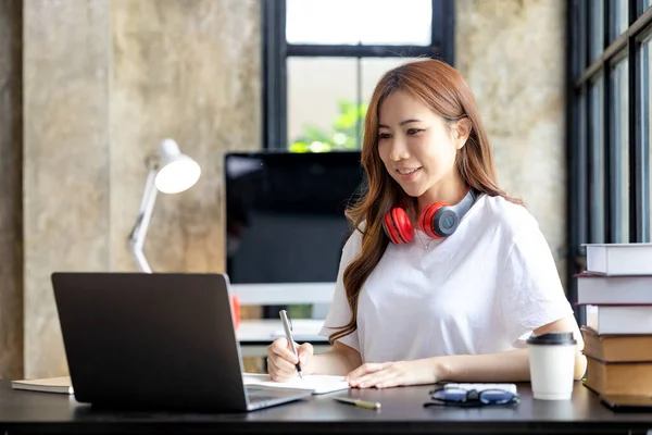 Asian Female Student Using Laptop She Studying Online She Looks — 图库照片