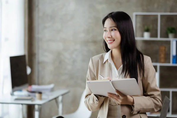 Asian Female Worker Holding Notebook She Working Office Marketing Department — Stock fotografie