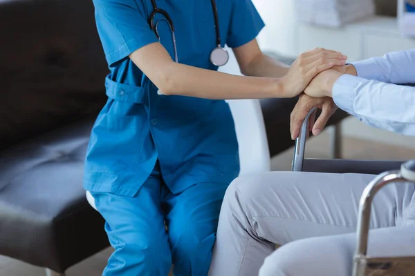 Doctor Touches Arm Encourage Patient Hospital Examination Room Treating Disease —  Fotos de Stock