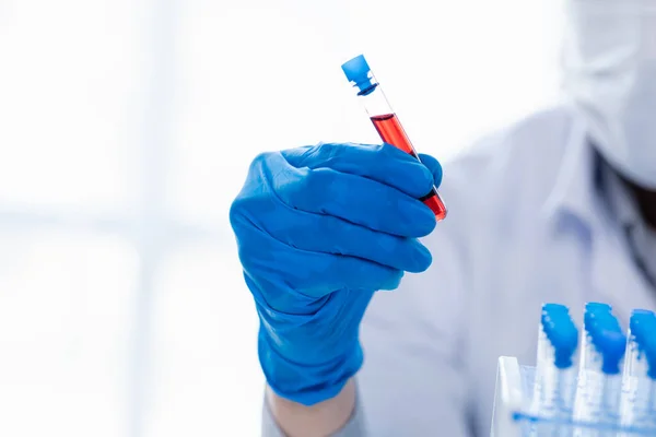 Lab Assistant Medical Scientist Chemistry Researcher Holds Glass Tube Blood — стокове фото