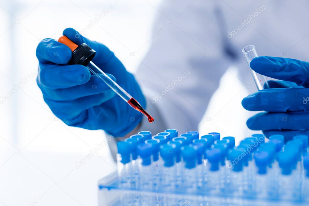 Laboratory assistants are investigating chemical reactions, medical scientists, chemical researchers, chemical experiments and disease testing from patient blood samples. Medicine and research concept