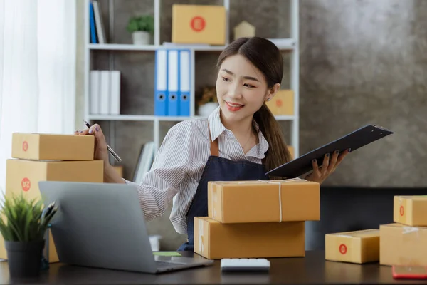 Woman Who Owns Online Store Counting Parcels Delivered Customers She — Stock Fotó