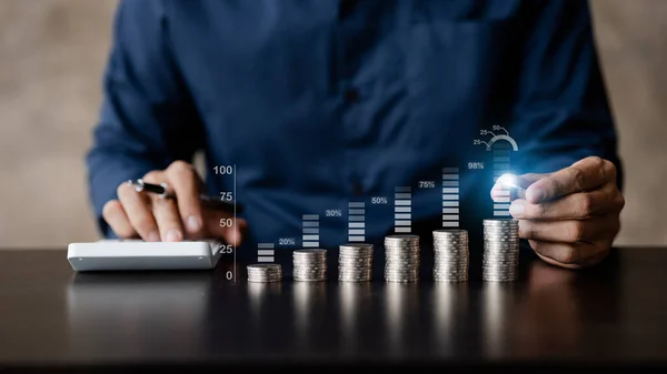 Business Man Putting Coin Pile Coins Placing Coins Row Low — Fotografia de Stock