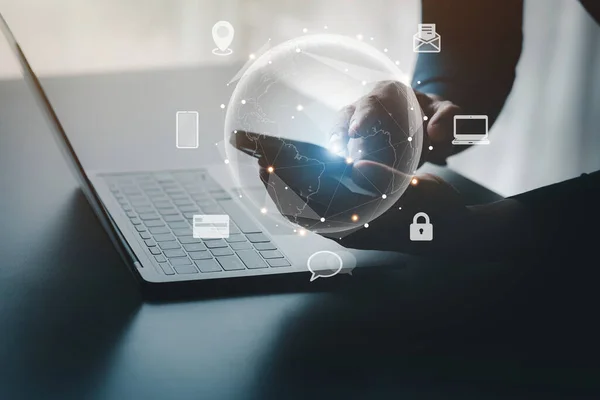 Businessmen with the hologram icon online data network connection, upload data to the cloud so that the data can be transferred to other devices and can be viewed online at any time.