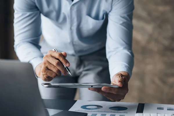 Business Men Looking Company Financial Documents Tablets Analyze Problems Find — Fotografia de Stock