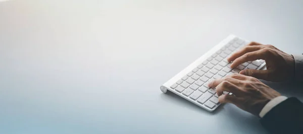 Person Typing Computer Keyboard Businessman Working Startup Company Office Typing — Stock Photo, Image
