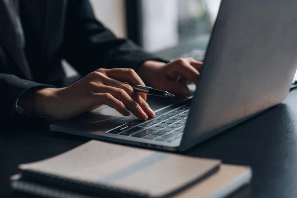 Close Hands Resting Keyboard View Financial Data Business Growth World — Stock fotografie