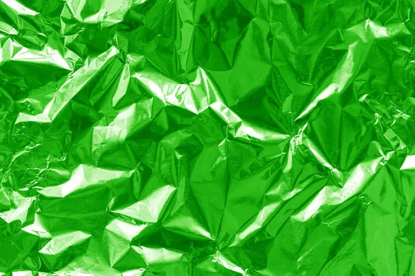 Glänsande Grön Folie Konsistens Bakgrund Mönster Omslagspapper Med Skrynkliga Och — Stockfoto