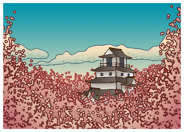 Samurai Burg Zwischen Kirschblüten — Stockvektor