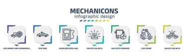 mechanicons infographic design template with car wrenc and cogwheels, taxi side, gasoline refilling station, police car with light, bus with compass, car crane, police lights icons. can be used for