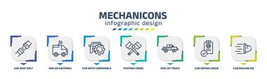 mechanicons infographic design template with car seat belt, van an antenna, car with cogwheels, pistons cross, pick up truck, car repair check list, beacon on icons. can be used for web, banner,