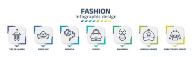 fashion infographic design template with ties on hanger, pirate hat, monocle, purses, swimwear, general helmet, sweater with pocket icons. can be used for web, banner, info graph.