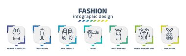 fashion infographic design template with women sleeveless shirt, dressmaker, pair sandals, drying, dress with belt, jacket with pockets, star medal icons. can be used for web, banner, info graph.