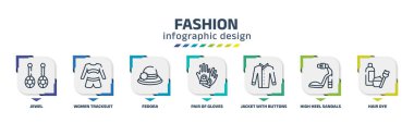 fashion infographic design template with jewel, women tracksuit, fedora, pair of gloves, jacket with buttons, high heel sandals, hair dye icons. can be used for web, banner, info graph.