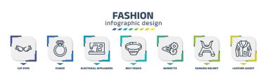 fashion infographic design template with cat eyes, fiance, electrical appliances, belt pouch, barrette, samurai helmet, leather jacket icons. can be used for web, banner, info graph.